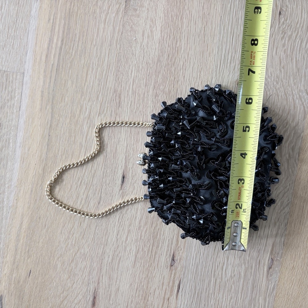 Black Beaded Clutch Purse, Kiss Lock, Gold Shoulder Chain Strap, Lined - Picture 4 of 5